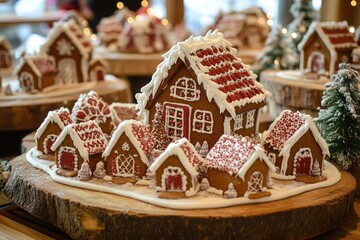 Fototapeta premium A gingerbread house decorated with red and white icing