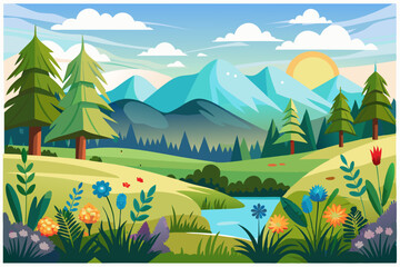 Obraz premium A Serene Landscape with Mountains, Trees, Flowers, and a River