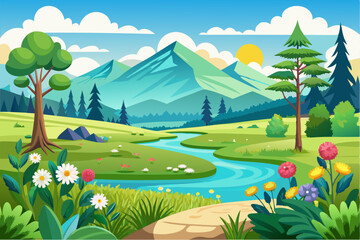 Fototapeta premium Serene Mountain Landscape with Winding River and Blooming Flowers