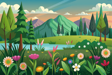 Colorful Spring Meadow Landscape with River and Mountains