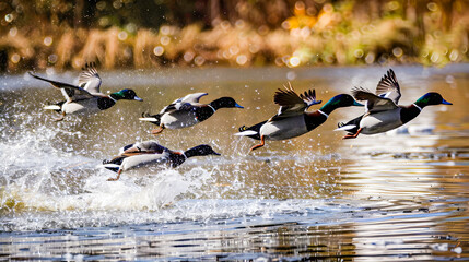 Fototapeta premium A flock of male ring necked ducks takes to the air in pursuit of a female creating a dynamic and graceful scene as they escape the water s surface