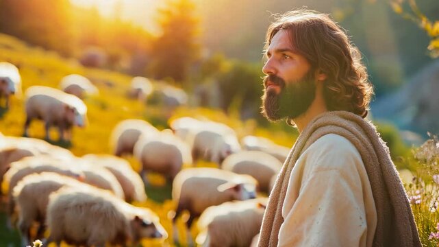 Jesus sitting among hoard of sheep in pastoral landscape with sunlight