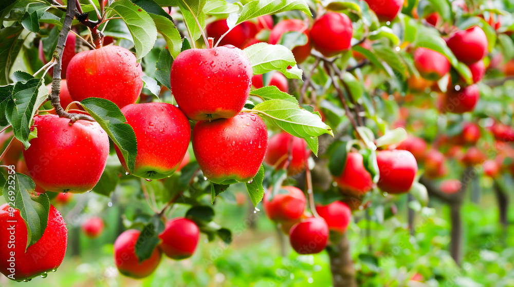 Wall mural lush green apple tree branch with ripe juicy red apples ready for harvesting in a traditional countr