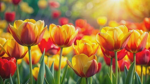 Vibrant yellow and red tulips in full bloom, flowers, tulips, nature, spring, garden, vibrant, colorful, petals, blossoms, flora