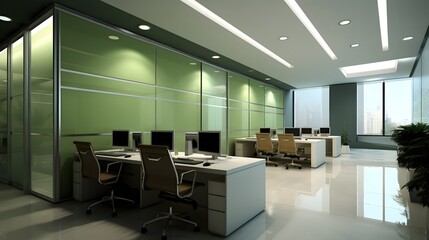 Fototapeta premium Modern Office with Green Accents and Clean Design, Optimized for a Fresh and Professional Work Environment