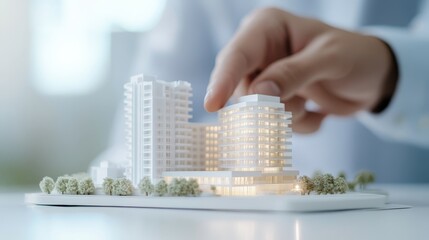 Architect Adjusting Scale Model of Modern Buildings