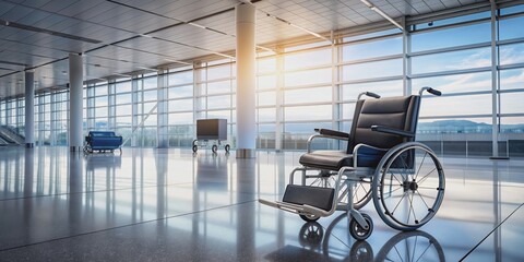 An empty airport terminal with a solitary wheelchair , desolate, quiet, travel, airport, terminal, solitude