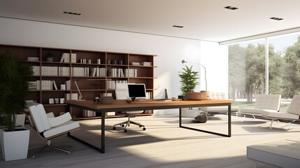 Fototapeta premium Sleek Modern Office with Floor-to-Ceiling Windows, Offering Panoramic Views and a Professional Work Environment