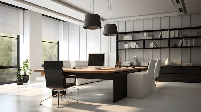 Modern Office with Sleek Furniture and Large Windows, Optimized for Productivity and Aesthetics in a Professional Work Environment