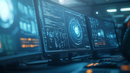 Futuristic cybersecurity operation center with multiple monitors