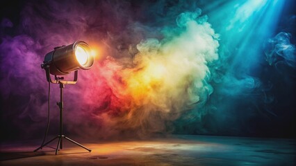 Vintage spotlight shining through colorful smoke in dark studio setting , vintage, spotlight, colorful, smoke, dark