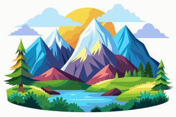 Mountainous Landscape with River, Trees, and Sun