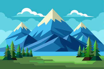 Flat Illustration of Mountains, Trees, and a Lake