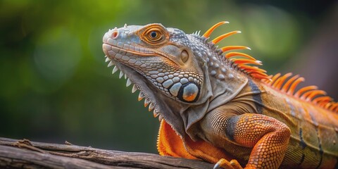 Fototapeta premium Orange and grey iguana in natural habitat, iguana, reptile, exotic, wildlife, scales, colorful, orange, grey, vibrant