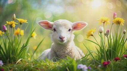 Obraz premium Charming Easter lamb surrounded by springtime flora, Easter, lamb,charming, soft fur, springtime, flora, cute, cuddly