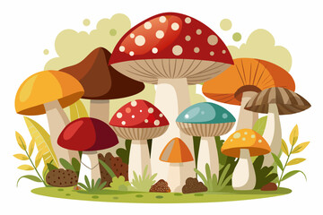 A Cluster of Colorful Mushrooms in a Forest Clearing
