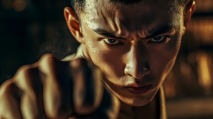 Martial in Focused Fighting Stance Moments Before the First Strike