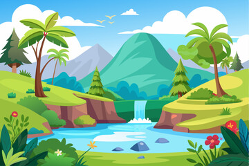 Obraz premium Lush Green Landscape with a Waterfall and River