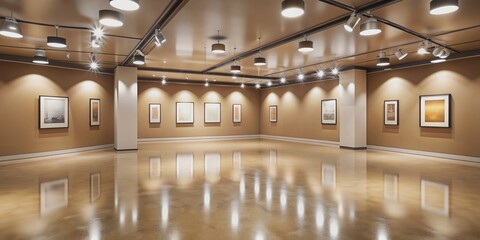 Panoramic mock up poster gallery with sepia wall, glossy floor, and contemporary ceiling lights, panoramic, mock up, poster
