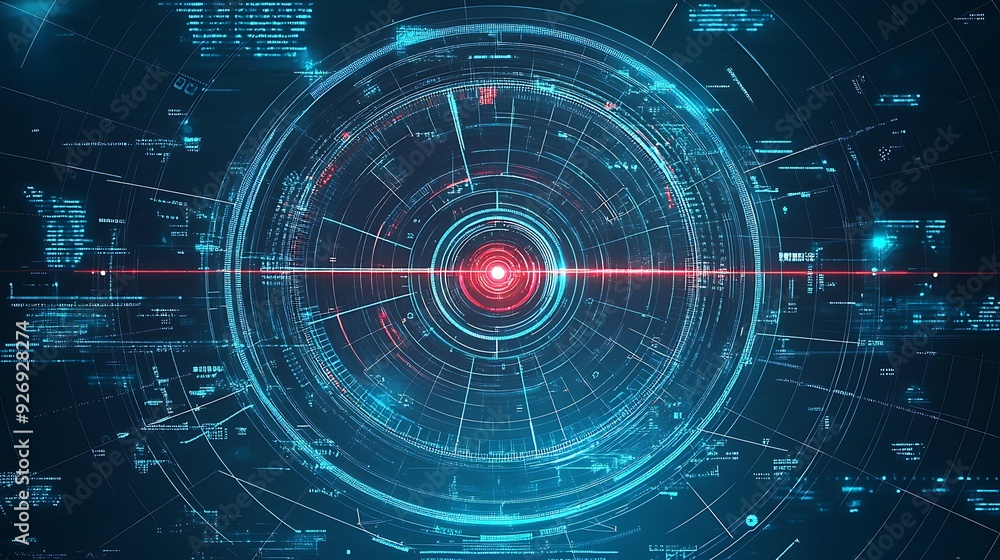 Poster abstract digital blue and red futuristic background with a circular shape in the center.