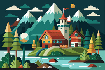 A Mountain Village with a Tower and Red Roofs