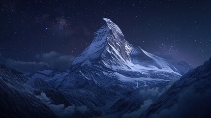 Stunning Nighttime Mountain Scenery with Snow-Capped Peak Illuminated by Starlight, Close-Up View of Majestic Alpine Landscape