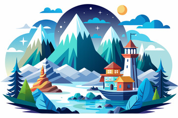 A Colorful, Stylized Mountain Landscape with a Lighthouse and a House