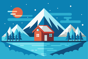 Naklejka premium A Small Red Cabin Situated in a Mountainous Landscape with a Body of Water in Front