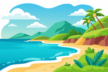 Fototapeta premium Tropical Beach Scene with Palm Trees and Mountains