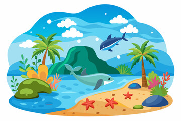 Tropical Beach Scene with Palm Trees, Dolphins, and Starfish