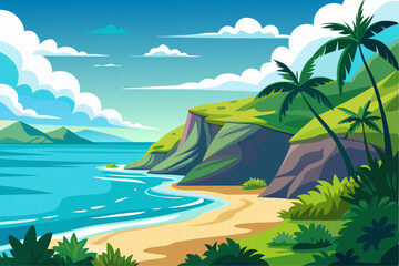 Tranquil Beach Landscape with Palm Trees and a Cliffside