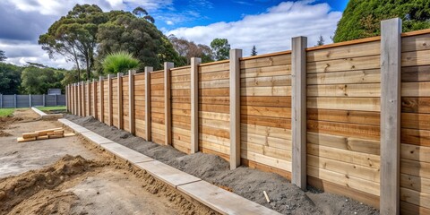 Timber fencing wooden fence posts being installed with concrete , construction, renovation, backyard, outdoor, DIY