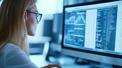 Businesswoman Analyzing Financial Data on Computer Screen