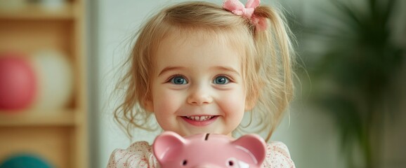 Little Girl Shaking A Piggy Bank, Excitement For Saving And Learning