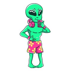Alien holding smartphone standing relaxed and cute cartoon illustration. UFO character, outer space, other galaxies. Good for sticker design, t-shirts, hoodies and others