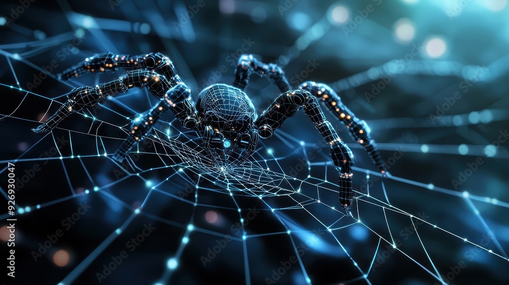 Poster a futuristic spider weaving digital web, showcasing intricate details and glowing design. spider app