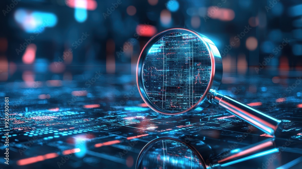 Poster a magnifying glass reflecting digital data, symbolizing analysis and technology. image conveys sense