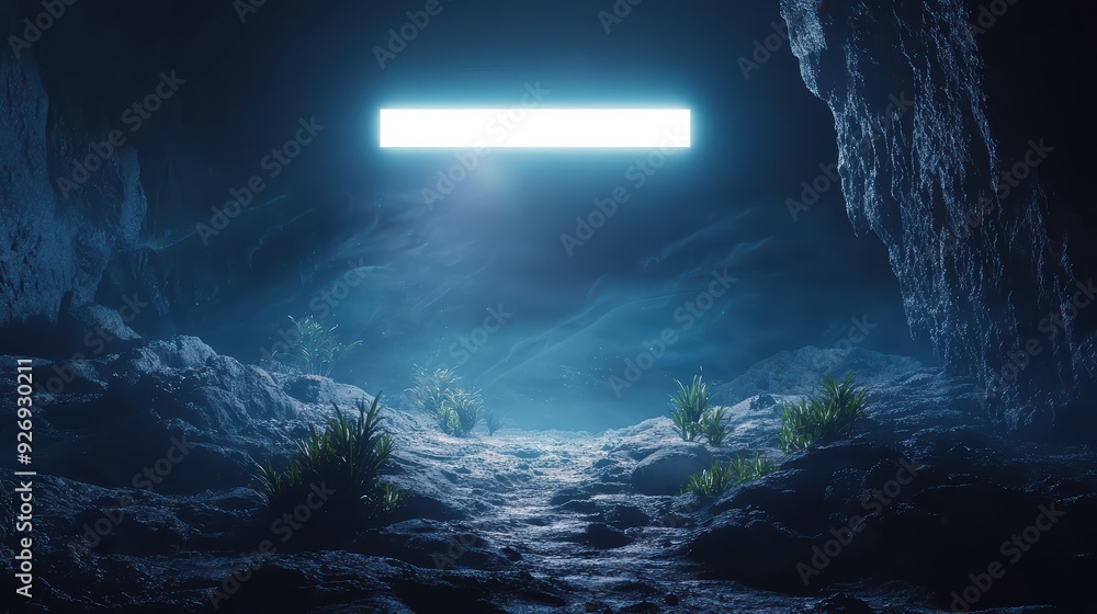 Poster a mysterious cave illuminated by bright light, creating an ethereal atmosphere. scene evokes sense o