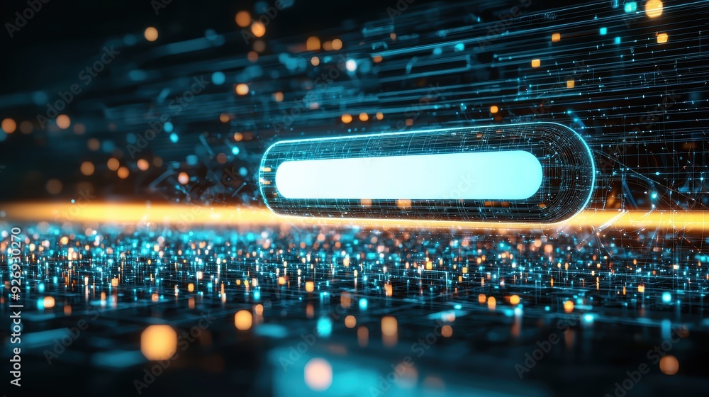 Poster a futuristic digital interface with glowing elements and central loading bar, conveying sense of tec