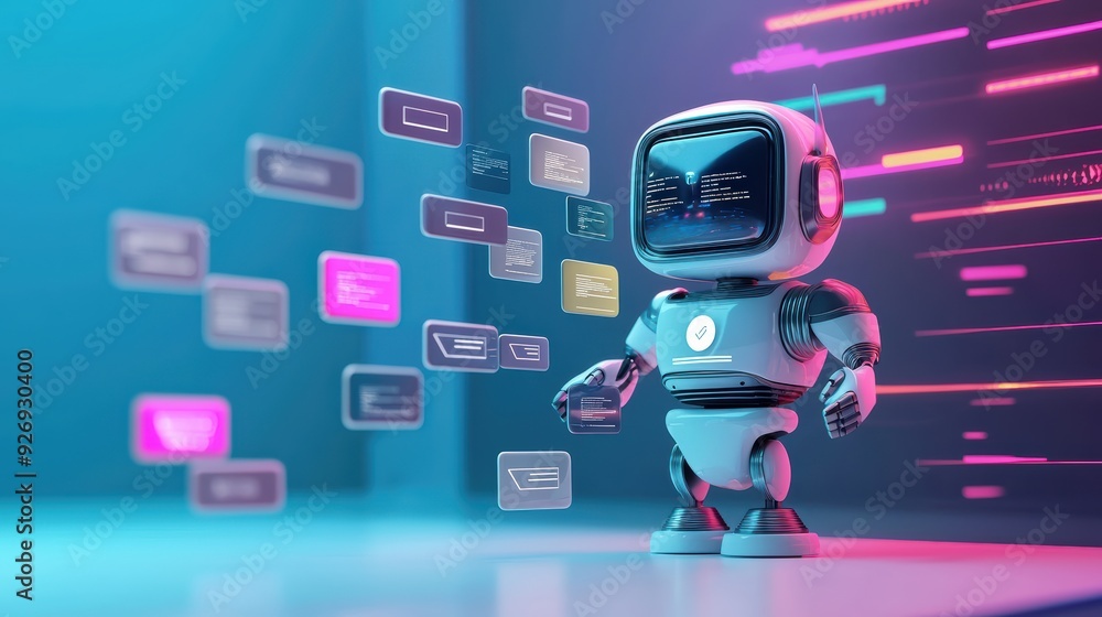 Poster a cheerful robot stands in futuristic environment, interacting with colorful data displays, showcasi