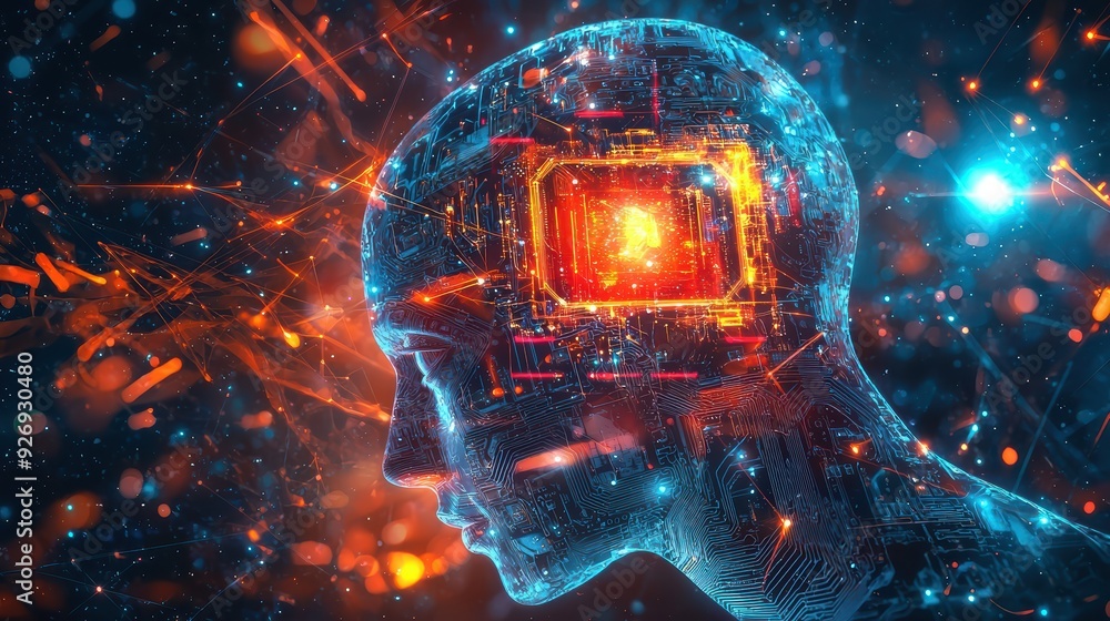 Poster a futuristic representation of human head with glowing circuit board and processor, symbolizing fusi