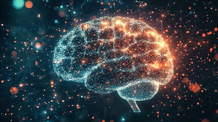 A digital representation of brain, glowing with interconnected nodes and lines, symbolizing intelligence and technology. image evokes sense of innovation and creativity. 