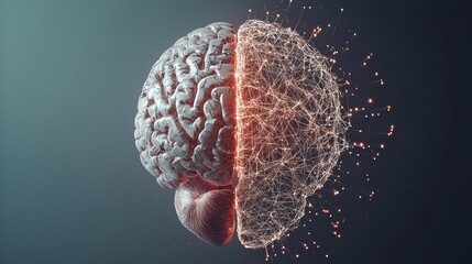 A digital representation of brain, showcasing split design with one half appearing organic and other half composed of glowing connections, symbolizing creativity and technology. 