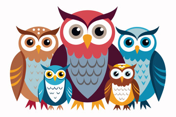 A Family of Five Colorful Owls with Big Eyes
