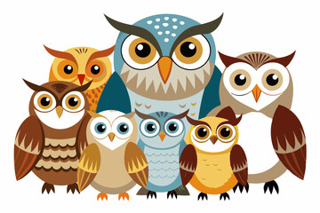 Obraz premium A Group of Seven Cartoon Owls with Big Eyes
