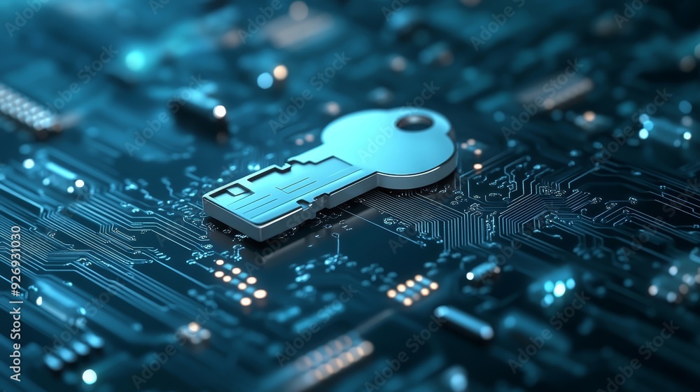 Poster digital key on circuit board background