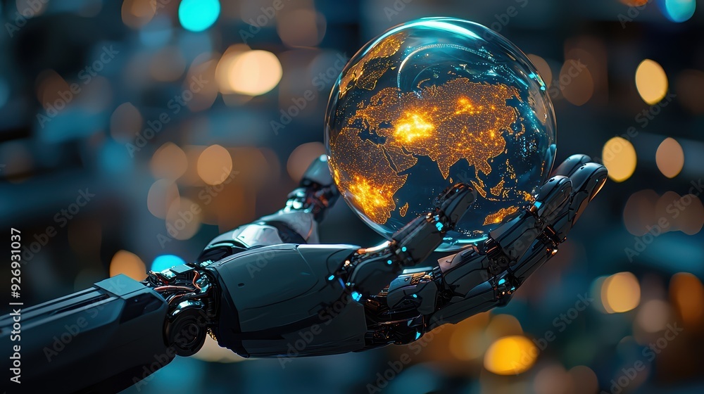 Poster a futuristic robotic hand holds glowing globe, symbolizing technology and global connectivity. scene
