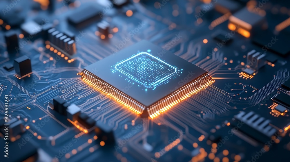Poster high-tech microchip on circuit board closeup