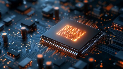 Close-up of Glowing Microchip on Circuit Board
