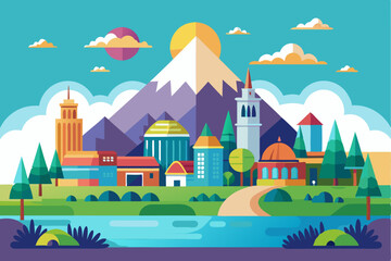 Naklejka premium Colorful Cityscape with Mountain, River, and Sun
